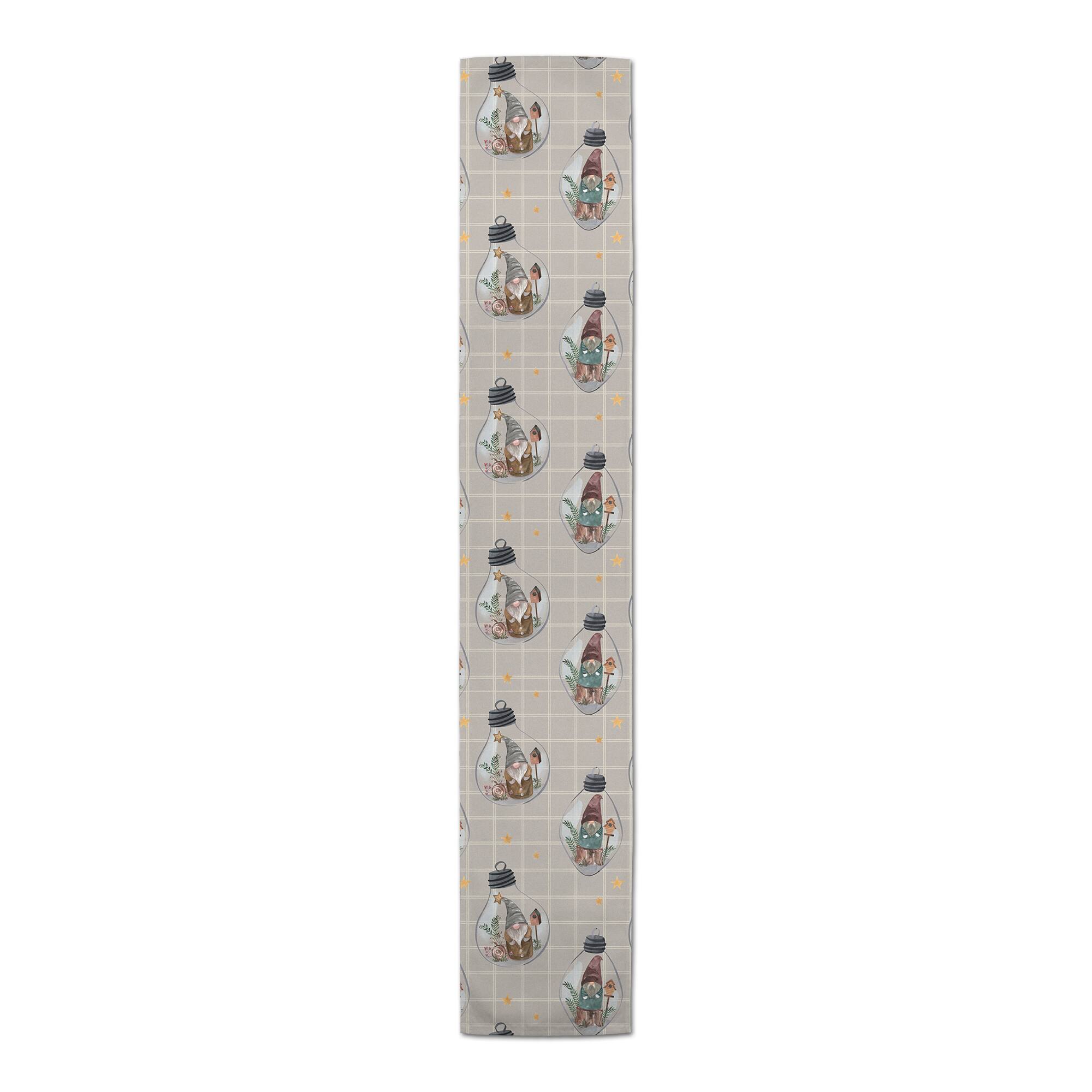90" Gray & White Check Gnome Globe Pattern Cotton Twill Runner